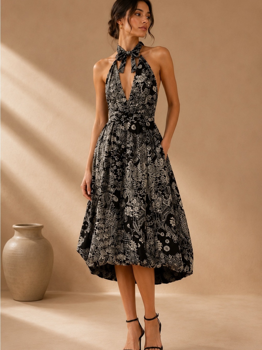 Black & White Paisley Halter Mini Dress Open Back Resort Dress